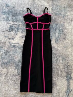 BCBG Max Azria Bodycon Mini Dress Black Pink Trim Size XS/S Bandage Club Y2K ECU